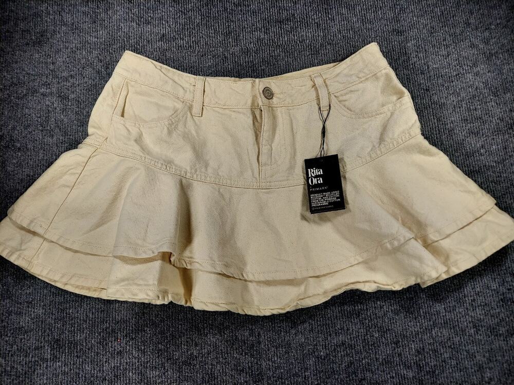 Primark Rita Ora Cream Denim Tiered Ruffle Mini Skirt NWT Size 10 Y2K Festival